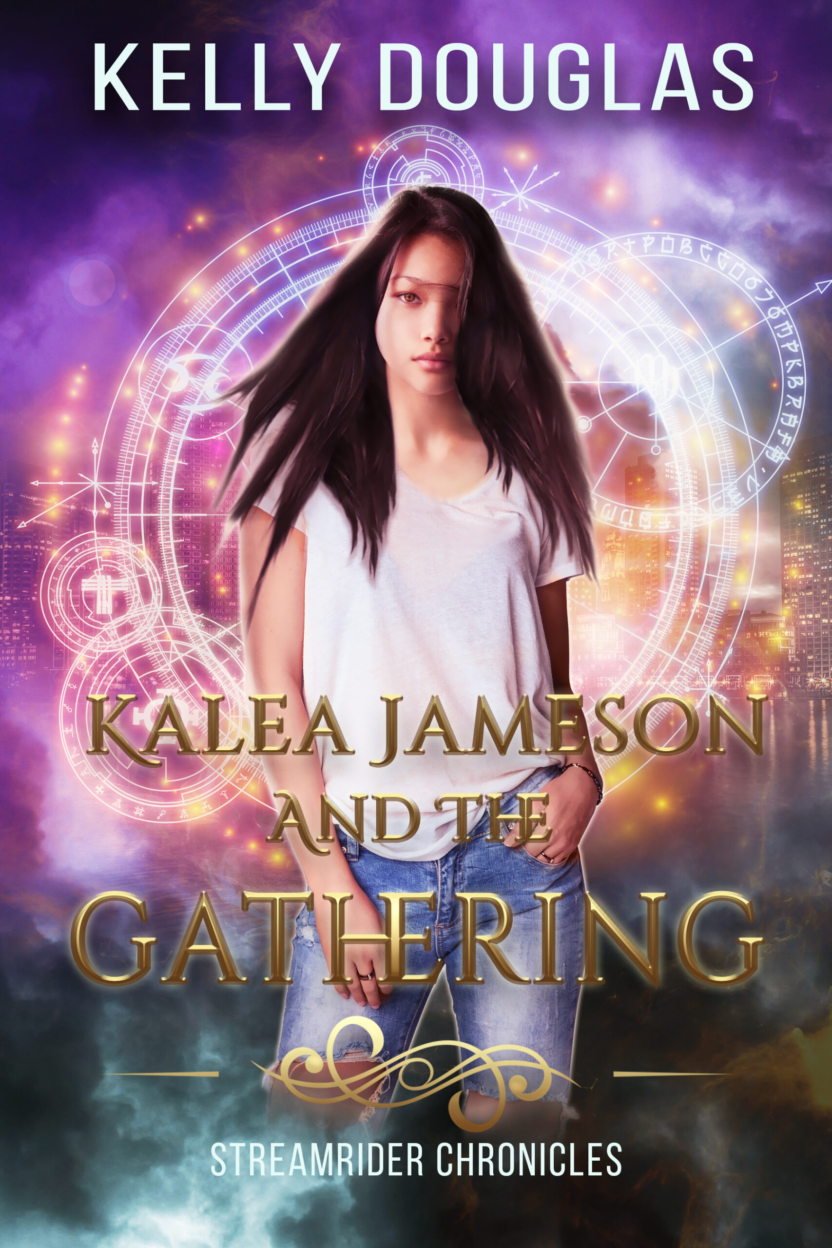 book cover of teenaged girl standing in front of blue, pink, purple clouds with sparkles of orange and gold, Kalea Jameson and the Gathering by Kelly Douglas