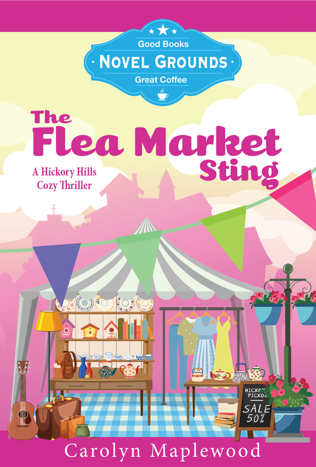 FleaMarketSting-wbcover Cover image with city in the background and a flea market tent loaded with wares in the front